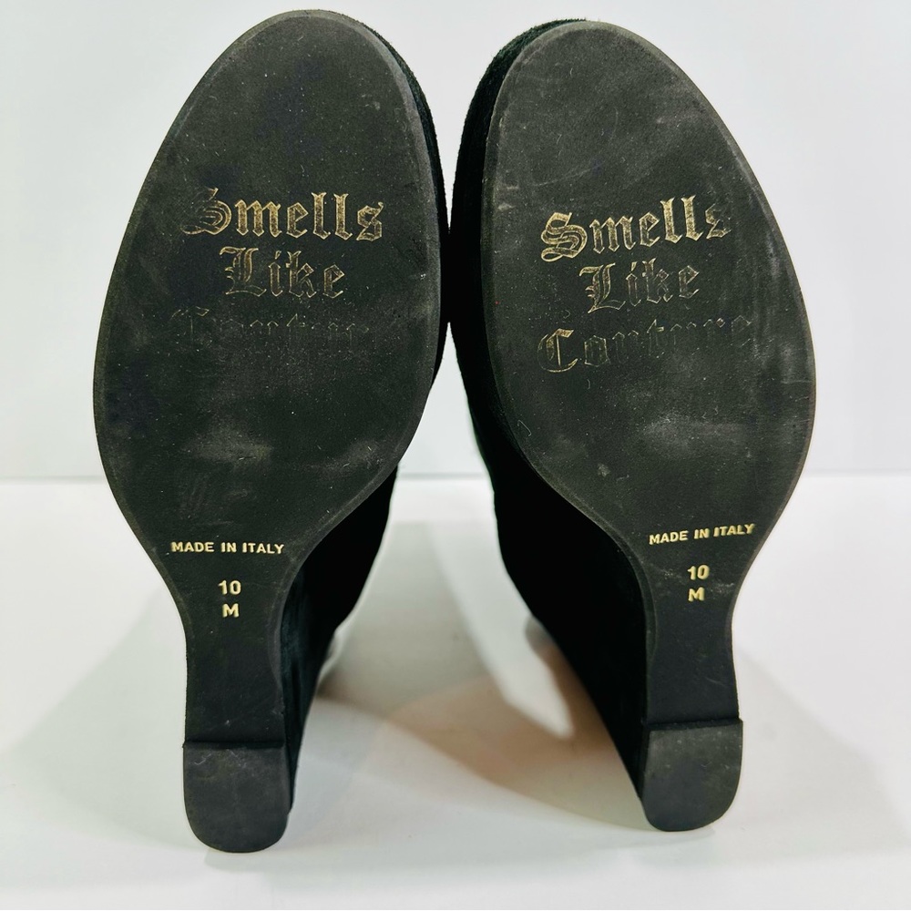🎀 JUICY COUTURE SEUDE BLACK PLATFORM 4 1/2” WEDGE HEEL WORN ONCE SIZE 10 ITALY - Picture 3 of 7